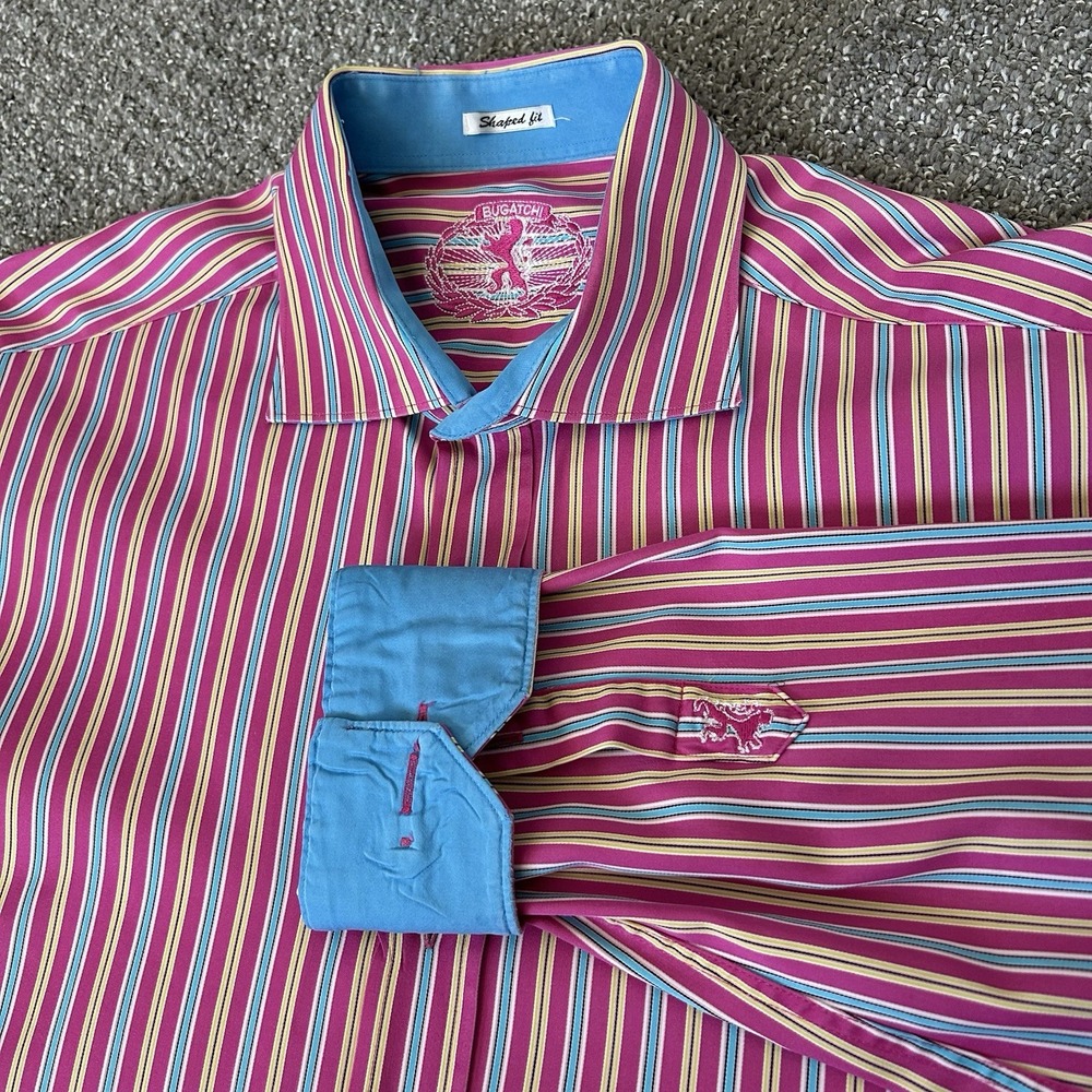 Bugatchi Shaped Fit Dress Shirt Flip Cuffs-Men's Large- Pink‎ Yellow Stripe EUC